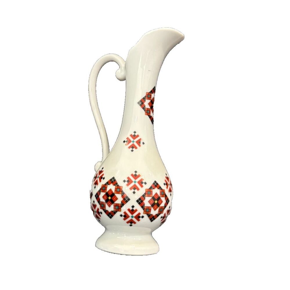 Vtg Ukrainian Ceramic Pottery Pitcher by Marusha 8" Tall Ethnic Embroidery Vase